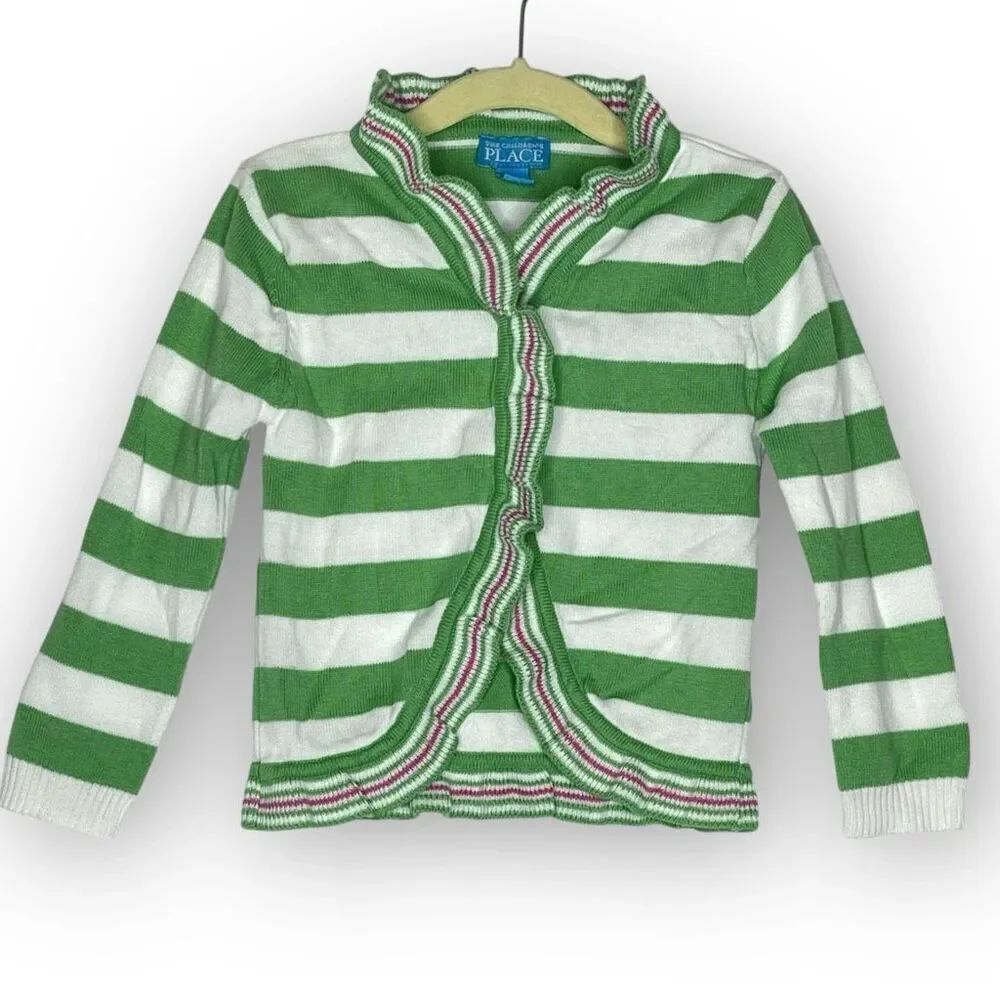 The Children’s Place TCP Sweater Cardigan Green White Stripe Girls Size 4T Y2K